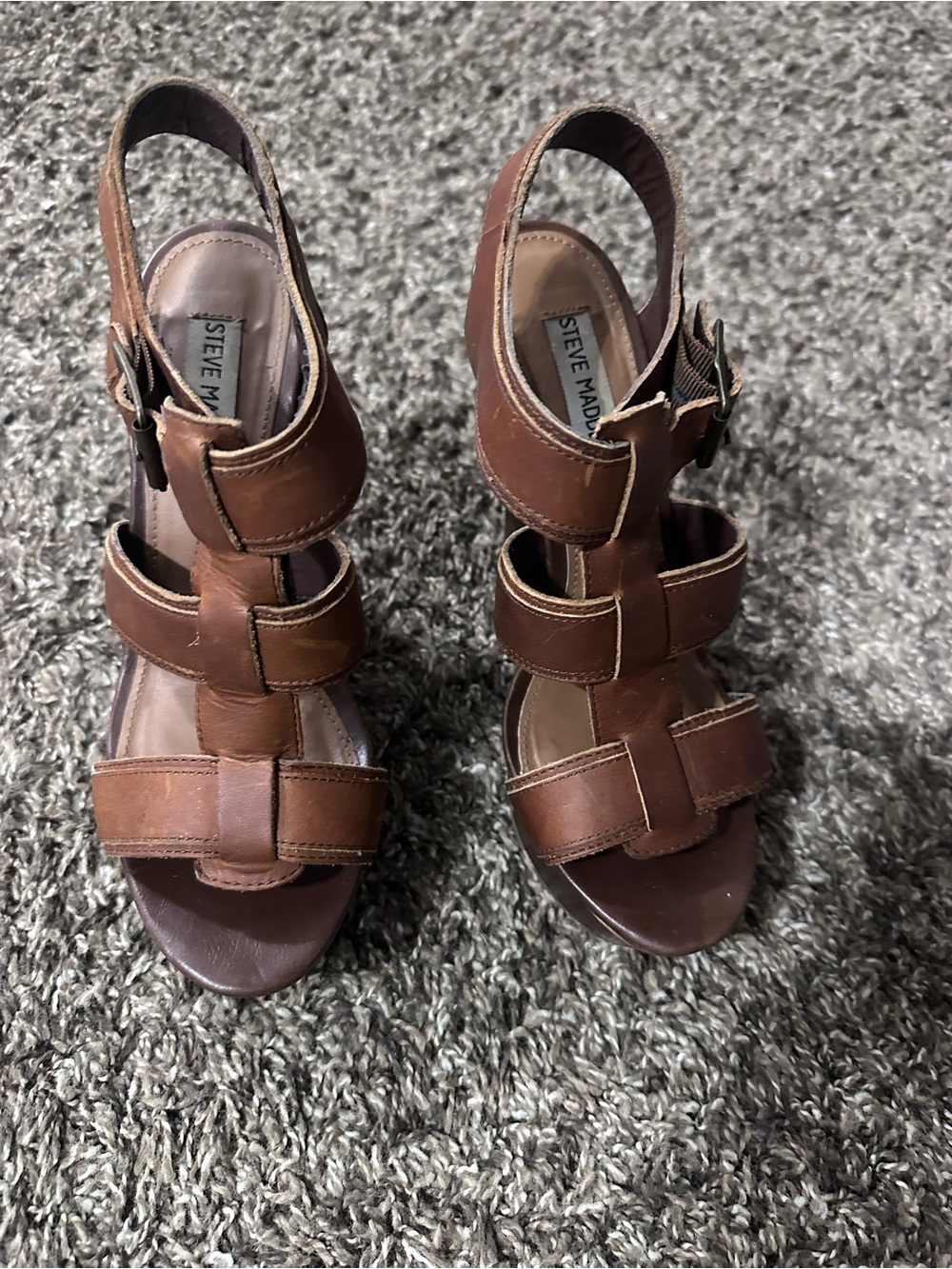 Steve Madden Brown Leather Strappy Wedge Sandals with Buckle